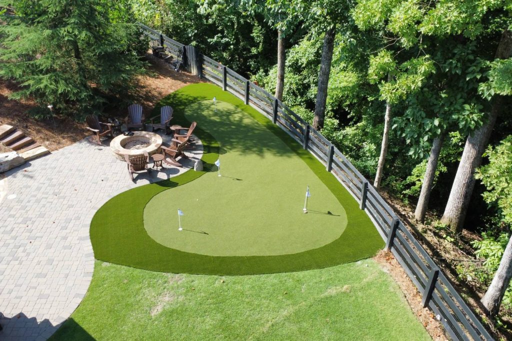 Backyard golf green drone shot from SYNLawn