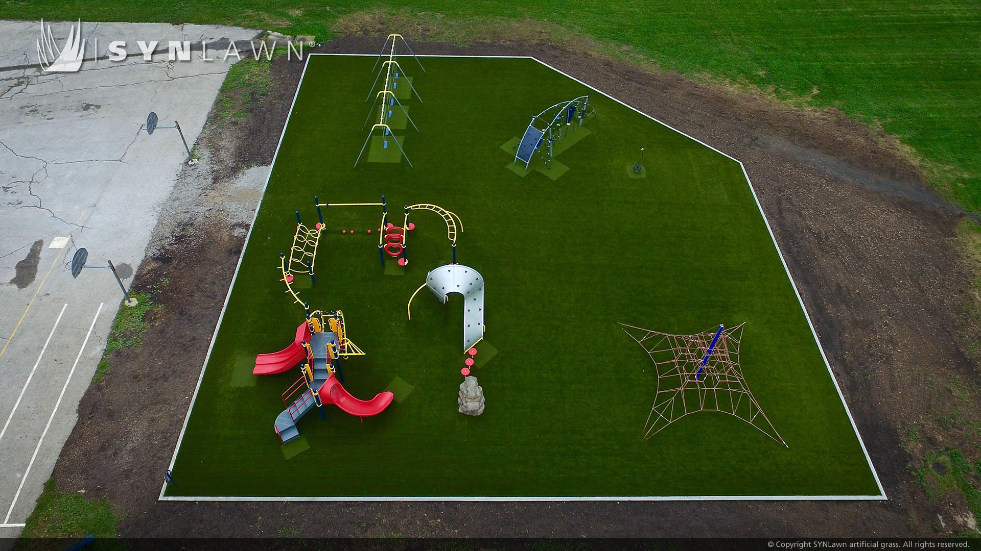 Drone shot of playground equipment on Artificial Grass
