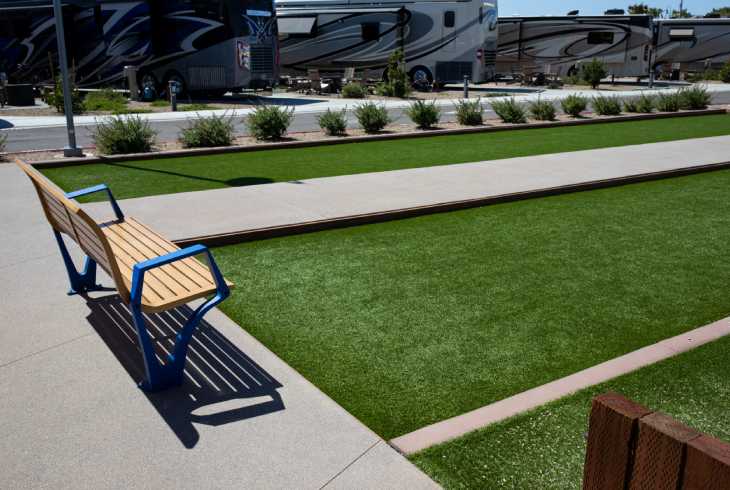 Artificial grass common area with bocce court