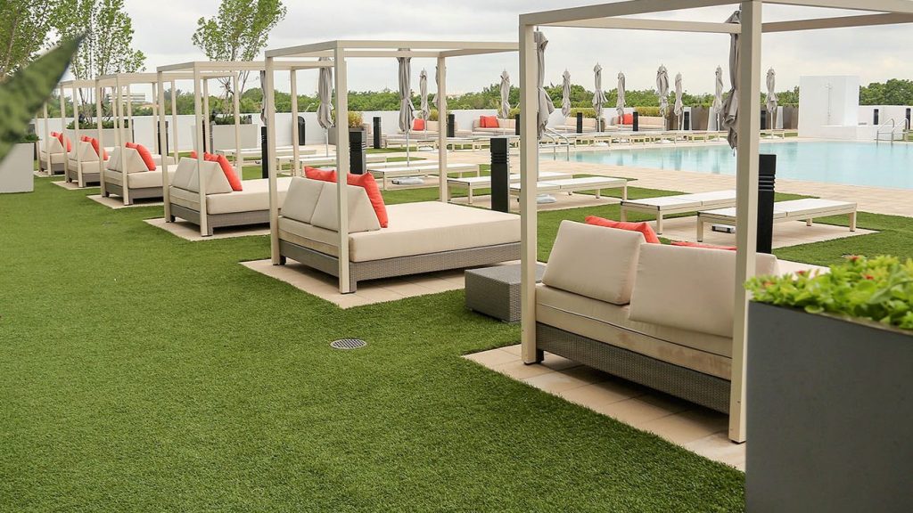 Artificial grass patio pool area from SYNLawn