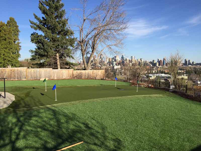 Backyard putting green overlooking city