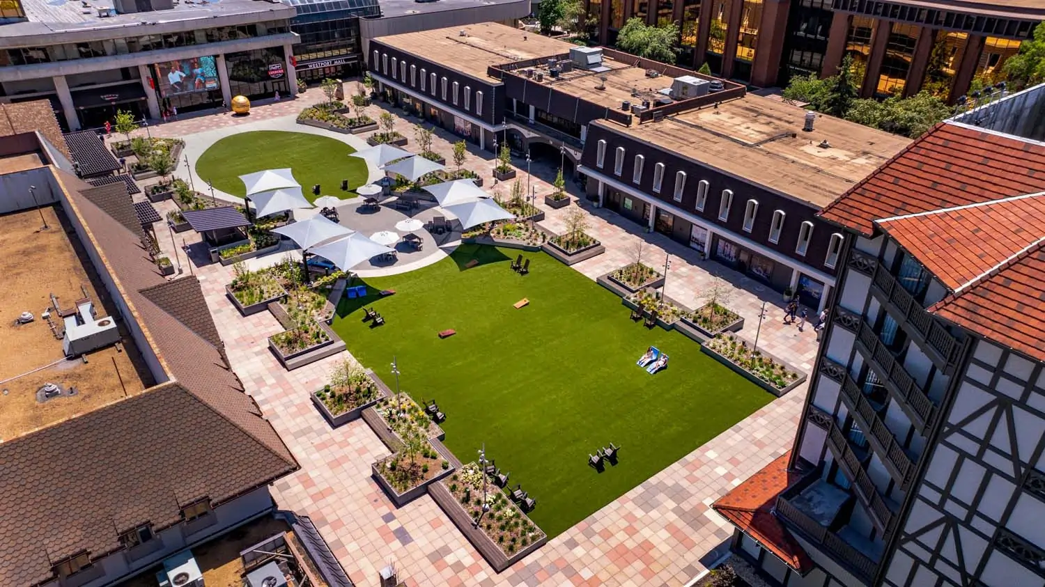 Artificial grass courtyard drone shot from SYNLawn Georgia