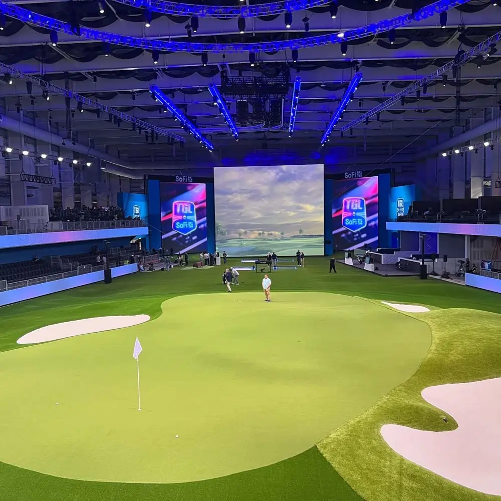Indoor commercial artificial golf grass installation from SYNLawn 